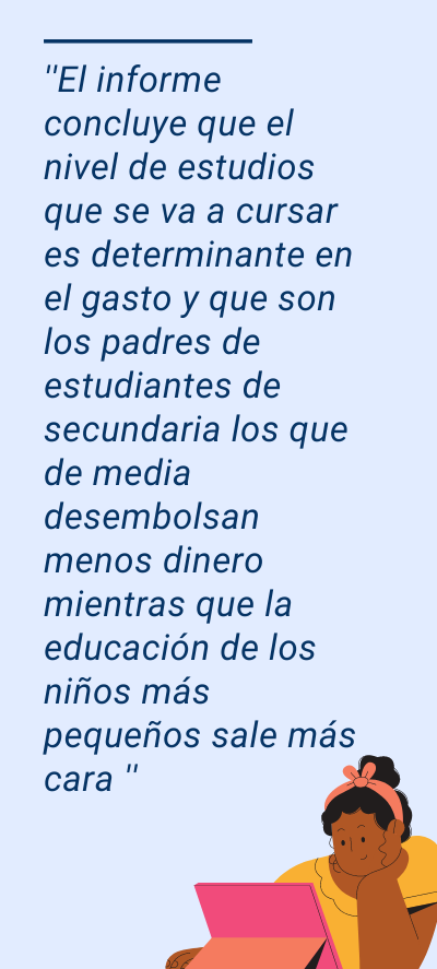 vuelta al cole: ''El informe concluye que el nivel de estudios que se va a cursar es determinante en el gasto y que son los padres de estudiantes de secundaria los que de media desembolsan menos dinero mientras que la educación de los niños más pequeños sale más cara ''