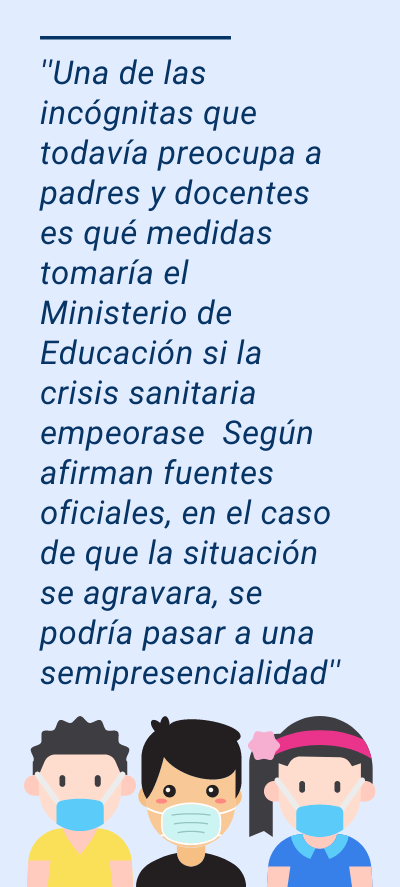 curso escolar curso escolar : ''Una de las incógnitas que todavía preocupa a padres y docentes es qué medidas tomaría el Ministerio de Educación si la crisis sanitaria empeorase Según afirman fuentes oficiales, en el caso de que la situación se agravara, se podría pasar a una semipresencialidad''