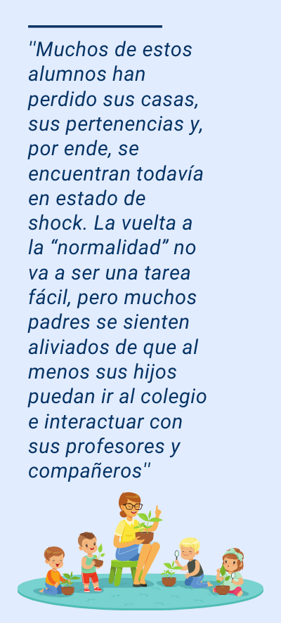 profesores profesores: ''Muchos de estos alumnos han perdido sus casas, sus pertenencias y, por ende, se encuentran todavía en estado de shock. La vuelta a la “normalidad” no va a ser una tarea fácil, pero muchos padres se sienten aliviados de que al menos sus hijos puedan ir al colegio e interactuar con sus profesores y compañeros''